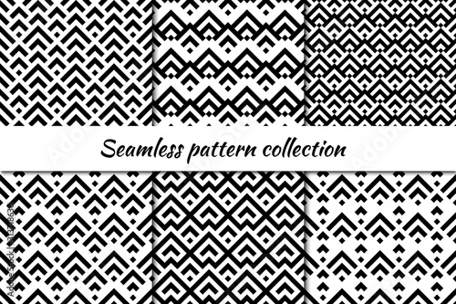 Seamless pattern collection. Geometrical design backgrounds set. Repeated scales, chevrons motif. Geo print kit