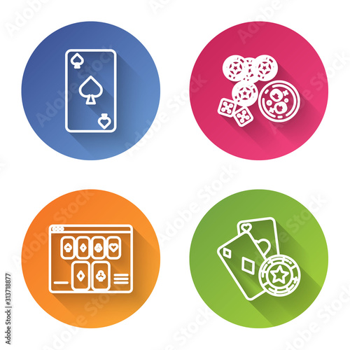 Set line Playing card with spades symbol, Casino chips, game dice and glass of whiskey with ice cubes, Online poker table game and Casino chip and playing cards. Color circle button. Vector