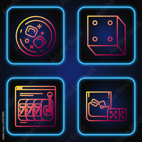 Set line Game dice and glass of whiskey with ice cubes, Online slot machine with lucky sevens jackpot, Glass of whiskey and ice cubes and Game dice. Gradient color icons. Vector