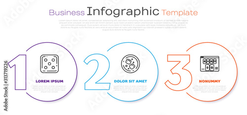 Set line Game dice, Glass of whiskey and ice cubes and Online poker table game. Business infographic template. Vector