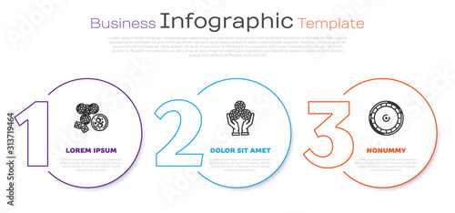 Set line Casino chips, game dice and glass of whiskey with ice cubes, Hand holding casino chips and Casino roulette wheel. Business infographic template. Vector