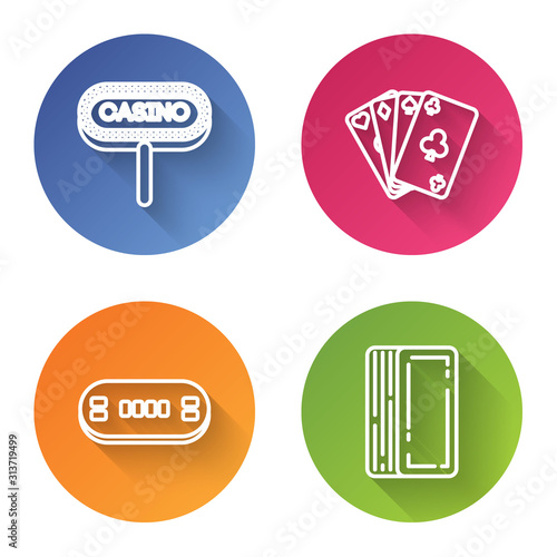 Set line Casino signboard, Playing cards, Poker table and Deck of playing cards. Color circle button. Vector