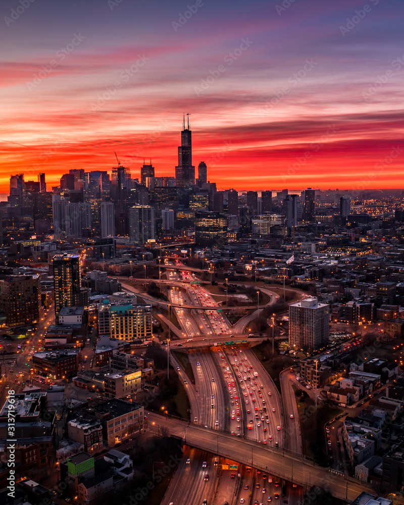Fototapeta premium Chicago top view of downtown west loop cityscape aerial view