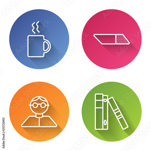 Set line Coffee cup, Eraser or rubber, Student and Office folders with papers and documents. Color circle button. Vector