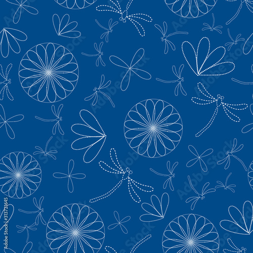 Seamless vector pattern background with dragonflies and flowers in japanese embroidery style