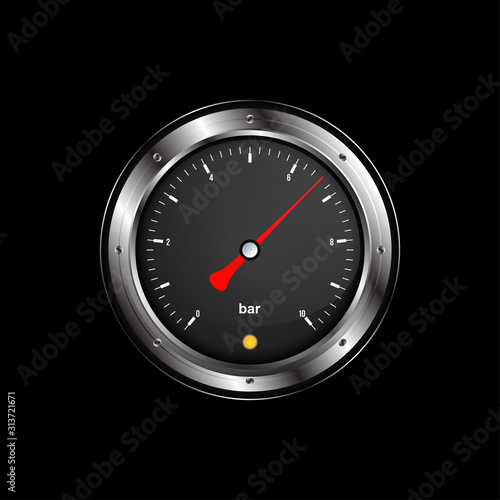 Realistic Pressure Gauge for measuring pressure in black color and metal. Flat Vector Illustration EPS 10
