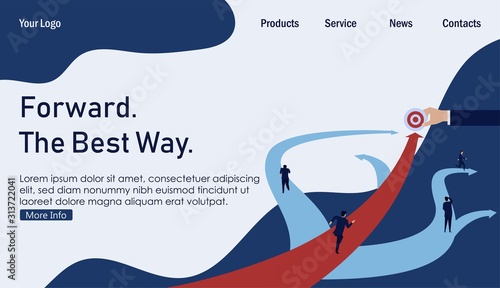 Businessman run forward straight to target when others turns around. Business Landing Page Template.