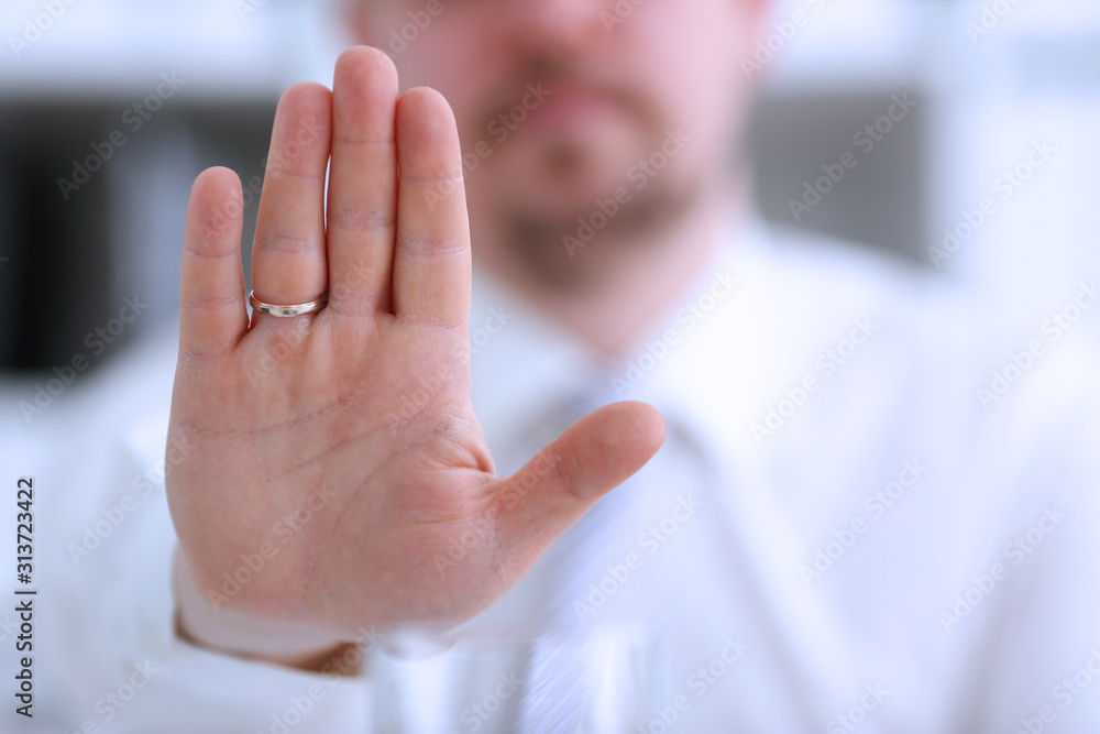 Fototapeta premium Male arm show palm during conference conversation