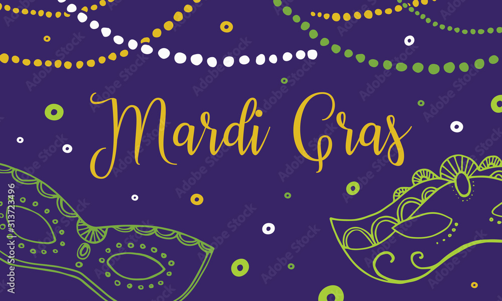 Mardi Gras design template. Composition with masks, beads and title. Vector hand drawn illustration