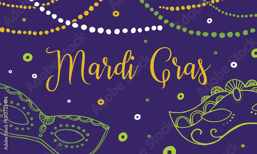 Mardi Gras design template. Composition with masks, beads and title. Vector hand drawn illustration