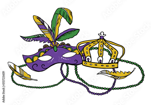 Mardi Gras composition. Group of carnival mask with feathers, beads and crown. Color vector illustratio