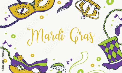 Mardi Gras design template. Masks, hat, crown, beads and feathers. Vector hand drawn sketch illustration