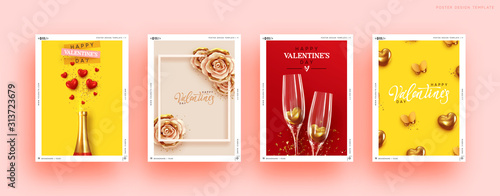 Valentines Day Set of Holiday Gift Card. Romantic banners, web poster, flyers and brochures, greeting cards, group bright covers. Design with realistic decoration objects. wedding invitations