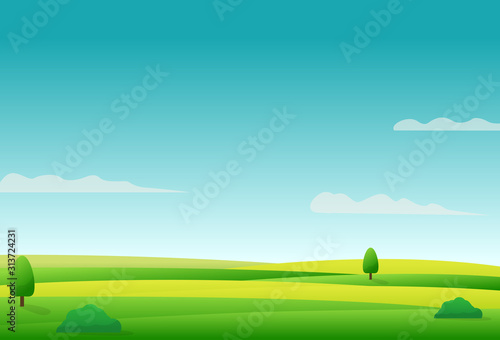 Beautiful rural landscape with green field with blue sky vector illustration. - minimalist nature landscape background 