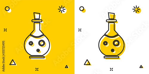 Tableau sur toile Black Glass bottle with magic elixir icon isolated on yellow and white background