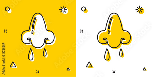 Black Runny nose icon isolated on yellow and white background. Rhinitis symptoms, treatment. Nose and sneezing. Nasal diseases. Random dynamic shapes. Vector Illustration