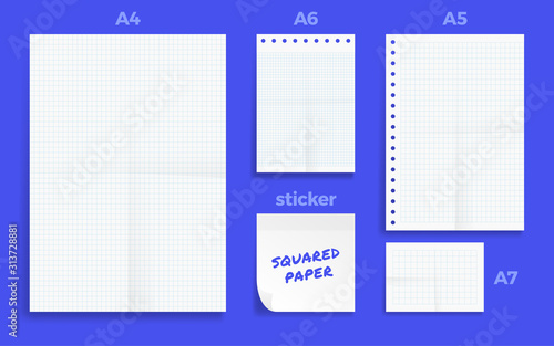 Set of crumpled four Standart blank squared series A format paper A4, A5, A6 and A7 size with note sticker.