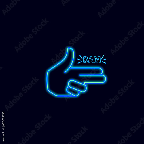 Vector icon with neon glow. Fingers folded for a shot. The icon for the club signs, comic book, illustration. Luminous blue flat design. Isolated design element on a dark background.