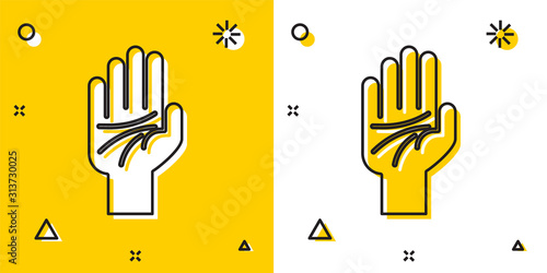 Black Palmistry of the hand icon isolated on yellow and white background. Random dynamic shapes. Vector Illustration