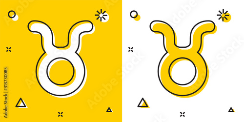 Black Taurus zodiac sign icon isolated on yellow and white background. Astrological horoscope collection. Random dynamic shapes. Vector Illustration