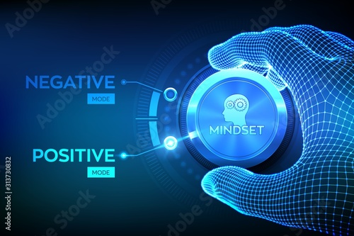 Positive or negative thinking. Feel happy or unhappy. Good or bad attitude. Wireframe hand turning a knob to switch from negative to positive mindset. Psychology Concept. Vector illustration.