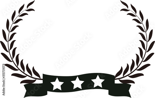 Monochrome Wide Round frame of laurel and three star Ribbon