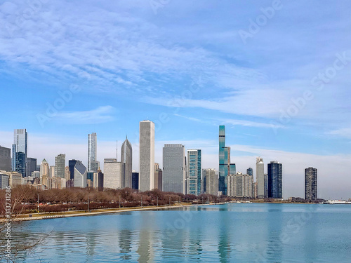 Chicago city skyline with Lake Michigan water reflection