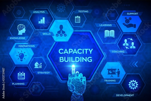 Capacity building concept on virtual screen. Training Learning Knowledge Skills Planning Strategy Coaching Support Development icons. Robotic hand touching digital interface. Vector illustration.