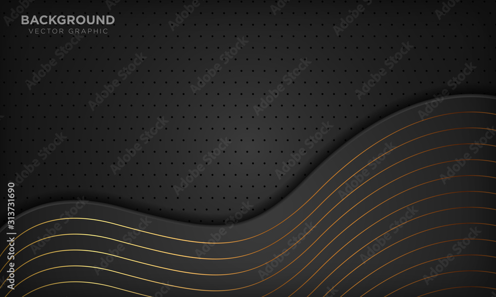 Luxury black abstract wave background with golden lines. Vector illustration.