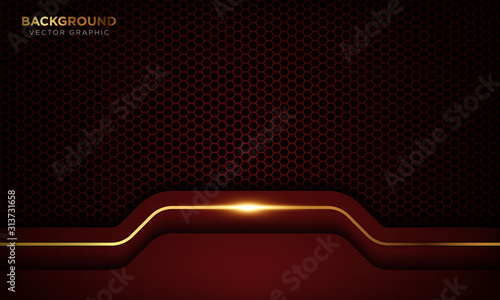 Red luxury background with overlap layers. Texture with golden line and shiny golden light effect. Vector illustration.