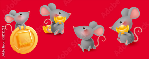 Cute mice holding gold ingots