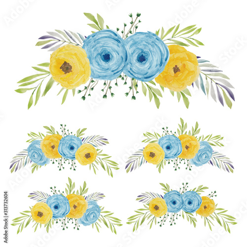 Watercolor painted rose floral curve bouquet in blue yellow color
