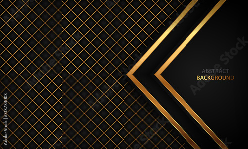 Elegant black luxury background. Black leather textured with gold metal details. Modern vector design template.