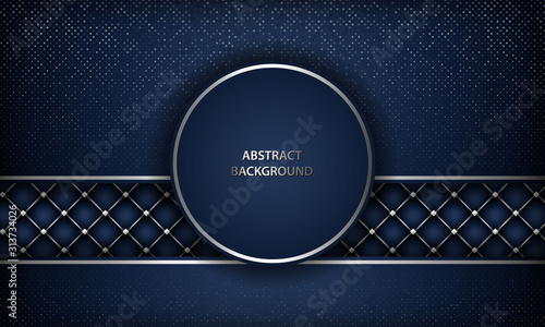 Abstract luxury dark blue overlap background with realistic buttoned leather. Texture with silver list and silver glitters dots element. Modern vector design template.