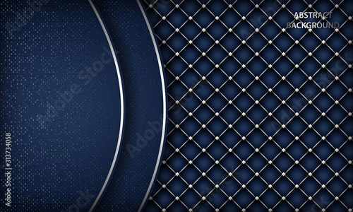 Abstract luxury dark blue overlap background with realistic buttoned leather. Texture with silver list and silver glitters dots element. Modern vector design template.
