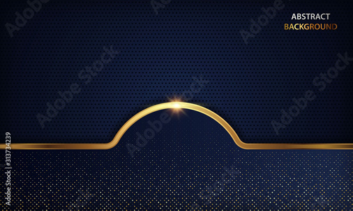 Luxury dark blue overlap dimension background on metal pattern. Colorful golden glitters halftone texture with shiny realistic golden elements. Modern vector design template.