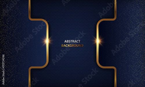 Luxury dark blue overlap dimension background on metal pattern. Colorful golden glitters halftone texture with shiny realistic golden elements. Modern vector design template.