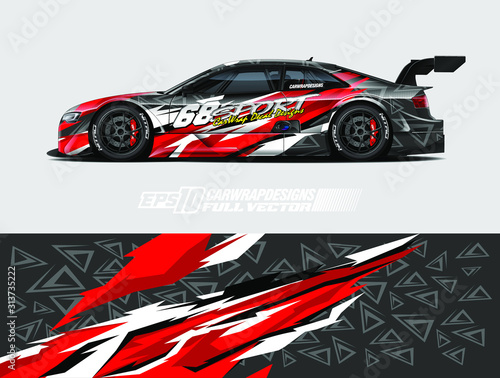 Drift car graphic livery design vector. Graphic abstract stripe racing background designs for wrap cargo van, race car, pickup truck, adventure vehicle. Eps 10