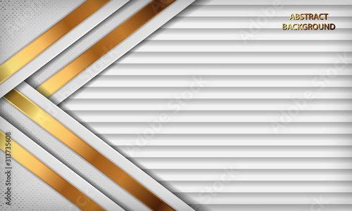 Luxury white abstract background with overlap layers. Gray texture with golden line effect decoration and silver glitters dots element. Vector illustration.