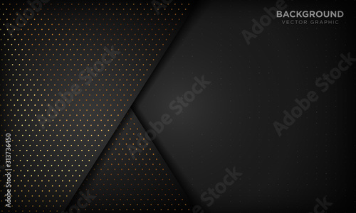 Black luxury abstract background with overlap layers. Texture with gold glitters dot element. Vector illustration.