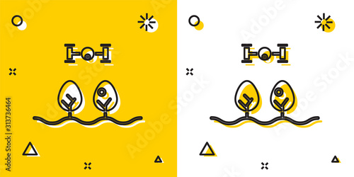 Black Smart farm with drone control and tree icon isolated on yellow and white background. Innovation technology for agricultural company. Random dynamic shapes. Vector Illustration