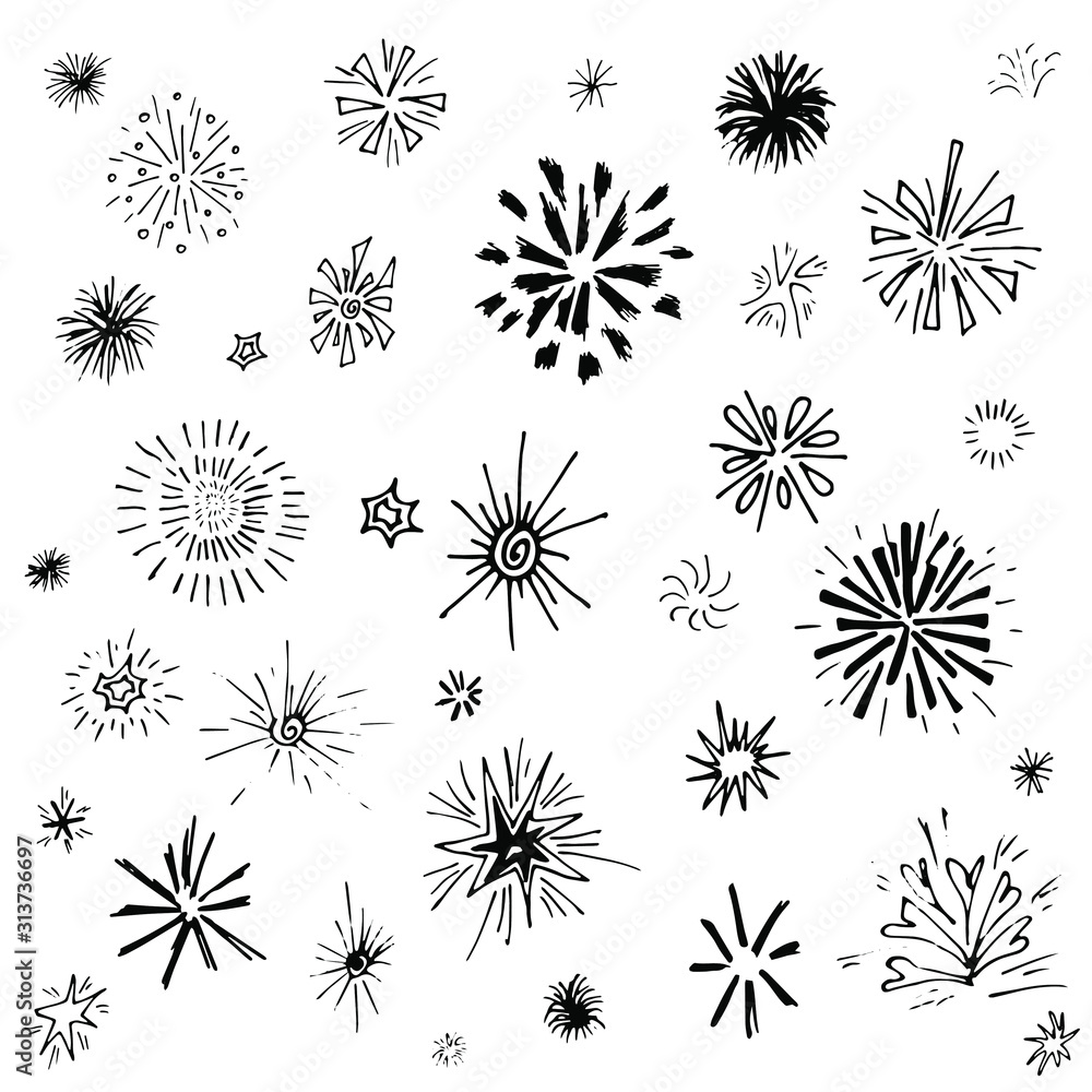 Hand drawn cute sketch doodle vector line burst and fireworks icon element set. Isolated on white background Hand drawn cute sketch doodle vector line burst and fireworks icon element set. Isolated on white background