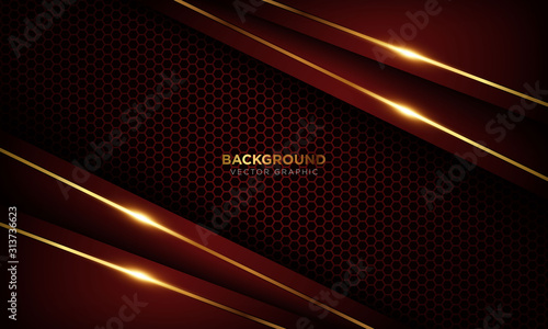 Red luxury background with overlap layers. Texture with golden line and shiny golden light effect. Vector illustration.