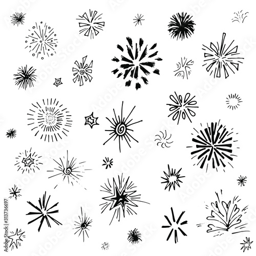 Hand drawn cute sketch doodle vector line burst and fireworks icon element set. Isolated on white background