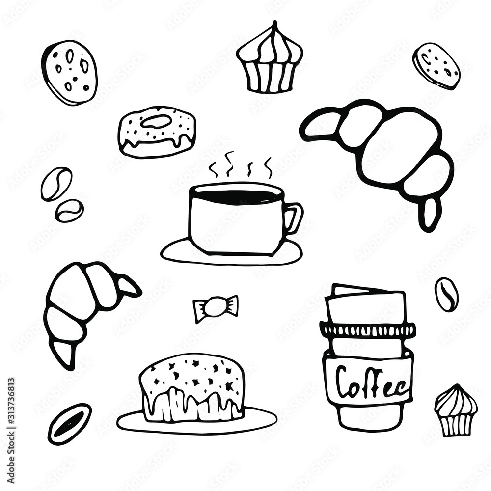 Cute doodle coffee shop icons. Croissant, donut, cookies, cupcake ...