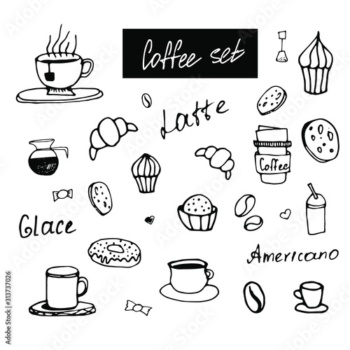  Cute doodle coffee shop icons. Croissant, donut, cookies, cupcake. Coffee and tea drawings for cafe menu, stickers, design. Isolated on white background