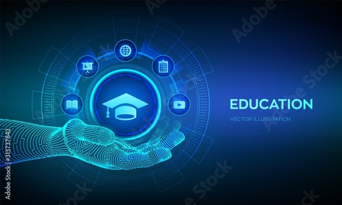 Education icon in hand. Innovative online e-learning and internet technology concept. Webinar, knowledge, online training courses. Skill development. Vector illustration.