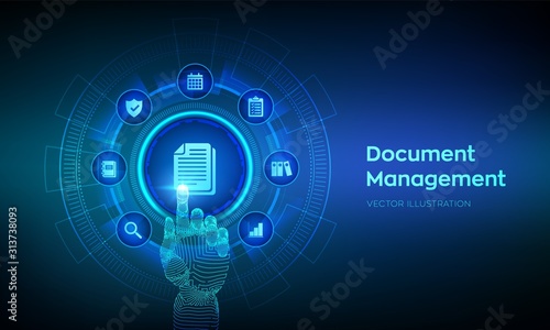 DMS. Document Management Data System. Corporate data management system. Privacy data protection. Business Internet Technology Concept. Robotic hand touching digital interface. Vector illustration.