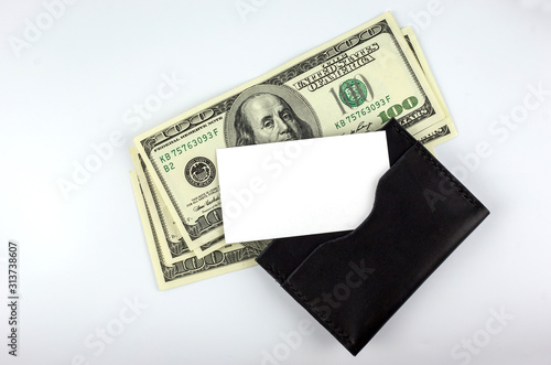 wallet with dollars, gold card and clean business card. place for your text.