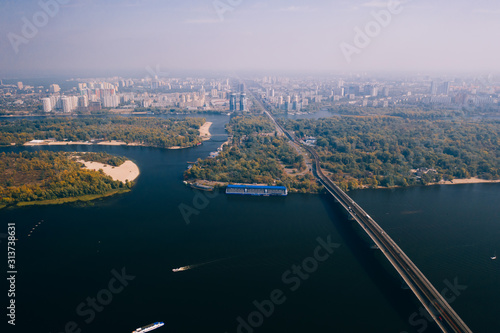 Flight over the Bridge in Kiev. Aerial photography